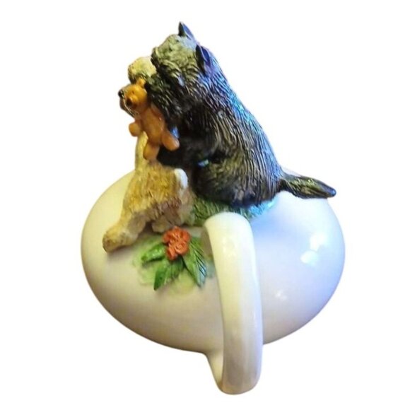Teapot 2 Carin Terriers Dogs Lid Artisan Made & Signed Ceramic & Floral Accent - Picture 2 of 5